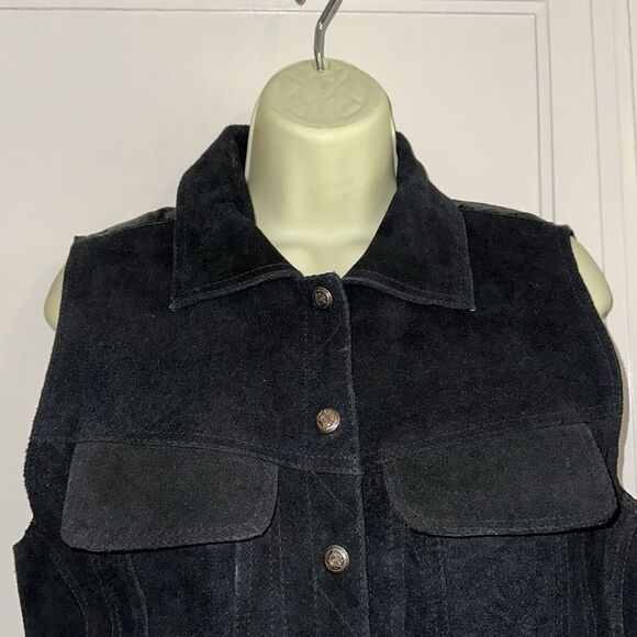 Vintage 80s/90s Mona Mode black suede leather vest with collar & pockets - Picture 3 of 9